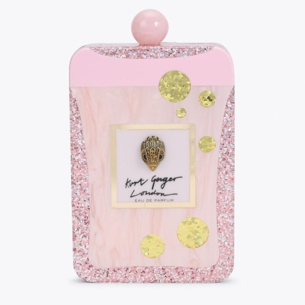 Kurt Geiger London Perfume Bottle Clutch Pink Comb Glitter Bag NEW
